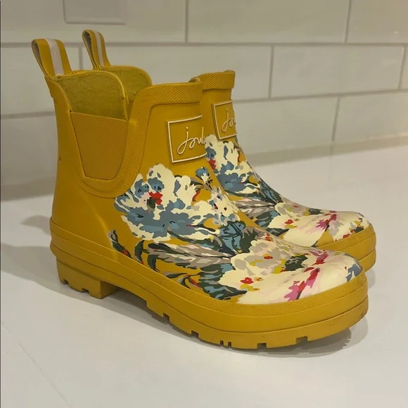 Joules Yellow Floral Ankle Rain Boots - Picture 2 of 8